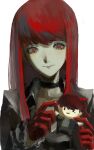  1girl black_jacket character_doll commentary_request doll gloves hair_down highres holding holding_doll jacket long_hair long_sleeves looking_at_viewer maguro_sakana official_alternate_hairstyle persona persona_5 persona_5_the_royal red_eyes red_gloves red_hair simple_background smile violet_(persona_5) white_background yoshizawa_kasumi yoshizawa_sumire 
