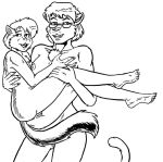  2019 anthro arm_tuft breasts cheek_tuft chest_tuft duo elbow_tufts eyewear face_tuft felid female female/female glasses ground_squirrel hazel_weiss holding_character interspecies lion looking_at_viewer mammal monochrome nude open_mouth open_smile pantherine pussy rodent sciurid smile style_wager tuft 