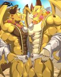  2019 abs age_difference clothing dragon hi_res horn lei male male/male muscular muscular_male ophion pecs reclamon selfcest square_crossover tokyo_afterschool_summoners tongue undressing video_games wings 