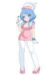  1girl ako_(blue_archive) blue_archive blue_eyes blue_hair blue_halo bracelet breasts cleavage commentary_request full_body gloves halo hat high_heels highres holding holding_weapon jewelry korean_commentary large_breasts long_hair looking_at_viewer monster_l_(hochihochiha) nurse nurse_cap pantyhose pink_shirt pink_shoes shirt shoes sidelocks solo weapon white_background white_gloves white_pantyhose 