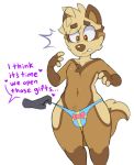  &lt;3 2019 acstlu anthro blonde_hair blue_clothing blue_panties blue_underwear brown_body brown_fur brown_nose bulge canid canine canis clothing domestic_dog english_text fluffy fluffy_tail fur girly hair hi_res male mammal multicolored_body multicolored_fur navel panties sona_(maypul_syrup) tan_body tan_fur text thong underwear 