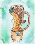  breasts butt clothed clothing felid female fur green_eyes hair looking_back mammal nipples pantherine panties shiverz simple_background smile solo striped_body striped_fur stripes tiger topless underwear 