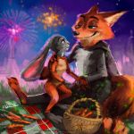  1:1 aloismorgan anthro barefoot basket canid canine carrot cheek_tuft claws disney duo face_tuft fireworks fluffy fluffy_tail food fox fur green_eyes grey_body grey_fur hi_res inner_ear_fluff judy_hopps lagomorph leporid looking_at_another mammal nick_wilde orange_body orange_fur outside pink_nose plant purple_eyes rabbit red_fox sitting sky smile toe_claws tuft vegetable zootopia 