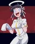  1girl :d absurdres angel azazel_(helltaker) black_hair blue_eyes blunt_bangs blush_stickers breasts commentary cowboy_shot english_commentary gloves halo helltaker highres holding holding_notebook holding_pen large_breasts looking_at_viewer notebook open_mouth pants pen s4_(s4see) shirt short_hair short_sleeves smile solo white_gloves white_halo white_pants white_shirt 