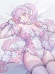  1girl arm_cuffs bare_shoulders bracelet breasts buttons choker cleavage commentary covered_navel detached_sleeves fingernails frilled_choker frilled_leotard frills hair_ornament hair_scrunchie hair_spread_out hairband highres jewelry large_breasts leotard lolita_hairband long_hair lying on_back on_bed original parted_lips pastel_colors pink_choker pink_eyes pink_hair pink_leotard pink_ribbon ribbon scrunchie see-through_clothes see-through_thighhighs sideboob skindentation solo sparkle stuffed_animal stuffed_toy teddy_bear thighhighs thighs untranslatable_commentary very_long_hair voruvoru white_scrunchie white_sleeves white_thighhighs 