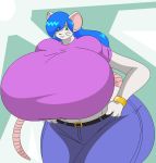  anthro belt big_breasts big_butt blue_hair bottomwear bracelet breasts butt clothed clothing female fully_clothed green_eyes hair huge_breasts huge_hips hyper hyper_breasts jeans jewelry looking_at_viewer mammal mouse murid murine navel pants rodent shirt solo thick_thighs topwear two-ton-neko whiskers wide_hips 
