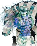  1boy absurdres blonde_hair commentary cowboy_hat gloves goggles goggles_on_headwear gold_teeth grills gyro_zeppeli hat highres horse jojo_no_kimyou_na_bouken long_hair male_focus steel_ball_run two-tone_sleeves valkyrie_(jojo) woobarkx 