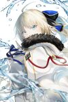  1girl aesc_(fate) aesc_(savior)_(fate) ahoge armor black_bow blonde_hair blue_bow blue_eyes blurry bow breastplate cape commentary_request covered_mouth depth_of_field expressionless fate/grand_order fate_(series) fur-trimmed_cape fur_trim gold_trim hair_bow high_ponytail hydrokinesis long_hair looking_at_viewer ponytail simple_background solo spiked_armor spikes tobi_(pixiv41237754) two-sided_bow water white_background white_cape 