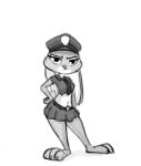 2019 anthro barefoot biped bluedouble bottomwear breasts clothed clothing costume disney female greyscale half-closed_eyes hand_on_hip hat headgear headwear hi_res judy_hopps lagomorph leporid looking_at_viewer mammal midriff monochrome navel necktie police_uniform rabbit simple_background skirt solo standing uniform white_background zootopia 