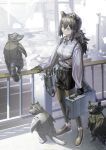  1girl animal animal_ears arknights bag bags_under_eyes black_gloves black_hair black_shoes black_shorts breasts briefcase brown_shoes closed_mouth commentary_request cross_tie freckles full_body gloves hair_between_eyes highres holding holding_bag kuthi0510 leggings long_hair long_sleeves looking_at_another outdoors polka_dot polka_dot_shirt raccoon raccoon_ears raccoon_girl raccoon_tail railing road robin_(arknights) shirt shoes shorts sidelocks sleeves_past_wrists small_breasts standing tail white_shirt yellow_eyes 