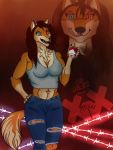  2019 abs adamayster anthro blue_eyes canid canine clothed clothing female fox glowing hair heterochromia hi_res looking_at_viewer mammal red_eyes simple_background smile smoking solo 