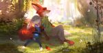  amazing_background anthro arthropod barefoot bottomwear butterfly canid canine carrot cheek_tuft clothed clothing detailed detailed_background disney duo ears_down eyes_closed face_tuft food forest fox fully_clothed fur gianamoreno grass grey_body grey_fur holding_arm inner_ear_fluff insect judy_hopps lagomorph lepidopteran leporid light lighting mammal neck_tuft nick_wilde orange_body orange_fur outside pants pivoted_ears plant police_uniform rabbit red_fox scenery shadow shirt sitting smile sunlight toeless_legwear topwear tree tuft uniform vegetable zootopia 