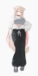  1girl animal_ear_fluff animal_ears arm_at_side black_choker black_pants blunt_bangs breasts choker commentary_request full_body grey_shoes grey_sports_bra hand_on_own_hip highres jacket jacket_partially_removed large_breasts long_sleeves mayu_shirasaki midriff navel open_mouth original pants red_eyes shoes simple_background smile sneakers solo sorotu sports_bra standing twitter_username unzipped white_background white_jacket 