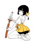  1girl absurdres ass bike_shorts bingbingzi bokken bow hair_bow highres holding holding_sword holding_weapon japanese_clothes looking_at_viewer miko original seiza short_hair simple_background sitting skirt socks soles solo spandex sword tabi weapon white_background wooden_sword yellow_skirt 