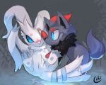  band-aid bandage black_body black_fur blue_eyes blush duo feral fur grey_background grey_body grey_fur legendary_pok&eacute;mon liki nintendo pok&eacute;mon pok&eacute;mon_(species) red_body red_fur reshiram signature simple_background video_games white_body white_fur wounded zorua 