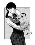  1girl black_hair breasts chainsaw chainsaw_man collared_shirt creature fourth_east_high_school_uniform hair_between_eyes handle highres holding long_hair looking_at_viewer low_twintails mitaka_asa open_mouth pet pochita_(chainsaw_man) pull_cord school_uniform seveninks sharp_teeth shirt simple_background smile teeth twintails white_shirt 