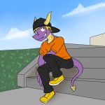  1:1 activision anthro anthrofied backwards_baseball_cap baseball_cap biped bottomwear clothed clothing dragon footwear fully_clothed furgonomics fuze hat headgear headwear hi_res looking_at_viewer male pants scalie shirt shoes sitting solo spyro spyro_the_dragon t-shirt topwear video_games western_dragon 