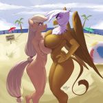  1:1 2019 absurd_res angry anthro anthrofied applejack_(mlp) asymmetrical_breast_frottage avian ball beach beach_ball big_breasts blonde_hair breast_squish breasts breasts_frottage brown_body brown_eyes brown_fur cloud crossed_arms digital_media_(artwork) duo earth_pony equid equine eye_contact feathers female freckles friendship_is_magic fur gilda_(mlp) green_eyes gryphon hair hands_on_hips hi_res horse kevinsano long_hair looking_at_another mammal my_little_pony nude nude_beach pony ponytail purple_body purple_feathers seaside signature squish standing white_body white_feathers wings 