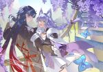  1boy 1girl absurdres animal_ears arms_up baiheng_(honkai:_star_rail) black_hair blade_(honkai:_star_rail) blue_butterfly blue_sky breasts bug butterfly chinese_clothes chinese_commentary cleavage cloud cloudy_sky commentary_request couple dancing dress fengjun872 flower fox_ears fox_girl from_behind from_side fur_trim gradient_hair grass green_eyes hair_ribbon hetero highres holding_hands honkai:_star_rail honkai_(series) long_hair long_sleeves looking_at_another looking_up low-tied_long_hair multicolored_hair open_mouth outdoors purple_hair red_eyes red_ribbon ribbon shade sky stairs standing suit upper_body wind wisteria 