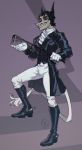  anthro black_sclera boot_spurs boots bulge clothed clothing eyebrows facial_hair footwear fur gloves hair handwear hi_res long_tail maaty-s male mammal mustache riding_crop simple_background smile solo standing whip whiskers 