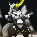  2019 absurd_res anthro areola armor big_breasts bikini bioluminescence black_nipples breast_squish breasts cenegan024 clothed clothing equid equine female fluffy fluffy_tail fur glowing growth hair hi_res hooves horn horse huge_breasts knee_pads leather long_hair mammal nipples smile solo squish story story_in_description striped_body striped_fur stripes surprise swimwear tight_clothing unicorn yellow_eyes 