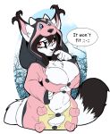  2019 5_fingers anthro breasts canid canine chest_tuft cleavage clothed clothing costume digital_media_(artwork) eyebrows eyelashes felid feline female fingers fur furkinghell hi_res hybrid mammal miltank nintendo pok&eacute;mon pok&eacute;mon_(species) red_eyes solo tight_clothing tuft video_games white_body white_fur 