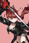  1girl absurdres black_choker black_jacket black_leotard black_ribbon blush breasts choker cleavage coattails commentary_request gloves hair_ribbon highres holding holding_sword holding_weapon jacket large_breasts leotard long_hair long_sleeves open_mouth persona persona_5 persona_5_the_royal ponytail red_eyes red_gloves red_hair ribbon s-m-53413 solo sword tailcoat thighhighs violet_(persona_5) weapon yoshizawa_kasumi 