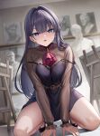  1girl :o absurdres ascot bare_legs belt black_dress black_shorts blue_eyes blush breasts breasts_squeezed_together brown_belt commentary_request dress expressionless from_below full_body highres indoors kneeling large_breasts long_hair long_sleeves looking_at_viewer looking_down medium_breasts on_floor original painting_(object) purple_hair red_ascot sculpture shirt shorts sion_(9117) sleeveless sleeveless_dress solo spread_legs strap_slip teeth thighs tiptoes upper_teeth_only v_arms very_long_hair 