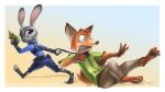  16:9 anthro asphyxiation barefoot bottomwear canid canine choking clothing disney dragging duo fluffy fluffy_tail fox fur green_eyes grey_body grey_fur grin hi_res holding_object holding_weapon imdrunkontea inner_ear_fluff judy_hopps lagomorph leporid mammal necktie nick_wilde orange_body orange_fur pants pawpads police_uniform purple_eyes rabbit red_fox shirt smile teeth text toeless_legwear topwear tuft uniform url weapon zootopia 