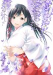 1girl absurdres amagami-san_chi_no_enmusubi amagami_yae black_hair breasts commentary_request copyright_name cowboy_shot dated falling_petals flower hair_ribbon hakama hakama_skirt highres japanese_clothes kimono large_breasts long_hair long_sleeves marcey miko official_art parted_lips petals purple_flower purple_petals red_hakama red_ribbon ribbon skirt solo straight_hair white_kimono wide_sleeves wisteria 