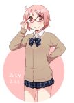  1girl ahoge birthday black_bow black_bowtie black_skirt blush bow bowtie brown_cardigan cardigan circle closed_mouth collared_shirt commentary_request cropped_legs dated diagonal-striped_bow diagonal-striped_bowtie diagonal-striped_clothes glasses hand_on_own_hip hand_up happy katatsuka_kouji long_sleeves looking_at_viewer miniskirt nonohara_yuzuko pink_eyes pink_hair plaid_clothes plaid_skirt pleated_skirt school_uniform shirt short_hair skirt smile solo split_mouth standing striped_bow striped_bowtie striped_clothes two-tone_background white_shirt yuyushiki 