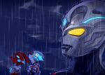 3boys alien black_skin blue_eyes blue_gem blue_horns blue_skin chest_guard color_timer colored_skin commentary english_commentary forehead_jewel gem glowing glowing_eyes glowing_gem goku_and_vegeta_in_the_rain_(meme) head_back highres horns looking_up meme multicolored_skin multiple_boys night no_pupils open_mouth outdoors rain red_skin silver_skin simazu_xxx tokusatsu tongue tongue_out ultra_series ultraman_arc ultraman_arc_(series) ultraman_blazar ultraman_blazar_(series) ultraman_omega ultraman_omega_(series) wet white_eyes yellow_eyes 
