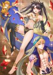 1boy absurdres animal_costume animal_ears animal_print arabian_clothes arm_warmers armlet asymmetrical_legwear asymmetrical_sleeves babylonia_(fate/grand_order) bikini black_hair blonde_hair breasts commentary_request cosplay cropped_vest detached_sleeves dingir_(fate) earrings elbow_gloves fate/grand_order fate_(series) gilgamesh_(caster)_(fate) gilgamesh_(fate) gloves heavenly_boat_maanna highres hoop_earrings ishtar_(fate) jaguar_ears jaguarman_(fate) jewelry kigurumi long_hair long_legs medium_breasts mismatched_bikini multiple_girls nanni_jjang navel neck_ring open_mouth orange_hair parted_bangs red_eyes short_hair shoulder_tattoo single_arm_warmer single_detached_sleeve single_elbow_glove single_thighhigh smile swimsuit tail tattoo thighhighs tiara tiger_costume tiger_ears tiger_print tiger_tail turban two_side_up uneven_legwear uneven_sleeves vest white_turban 