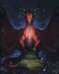  2019 alexstrasza ambiguous_gender averrisvis blizzard_entertainment claws digital_media_(artwork) dragon feral hi_res horn jewelry looking_at_viewer membrane_(anatomy) membranous_wings pendant red_body red_scales rock scales scalie solo spines teeth video_games warcraft western_dragon wings 