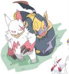 2_claws ambiguous_gender anthro biped black_body claws digital_drawing_(artwork) digital_media_(artwork) duo fangs feral fur generation_3_pokemon grass happy kerchief kerchief_only korean_description looking_at_another maenggyul98785 mammal markings mostly_nude neckerchief neckerchief_only neckwear nintendo open_mouth plant pokemon pokemon_(species) purple_markings red_body red_eyes red_fur red_markings reference_image reference_inset reptile scalie semi-anthro serpentine seviper shaded simple_background snake standing teeth white_background white_body white_fur yellow_kerchief yellow_markings yellow_neckerchief zangoose