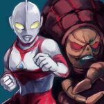  2boys alien blue_background clenched_hands clenched_teeth color_timer colored_skin commentary_request fighting_stance gudis kaiju male_focus monster multicolored_skin multiple_boys no_pupils polyacryla red_eyes red_skin silver_skin simple_background sketch teeth tokusatsu ultra_series ultraman:_towards_the_future ultraman_great yellow_eyes 