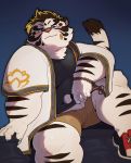  2019 absurd_res anthro biped blue_eyes bottomwear clothing eyewear felid fur glasses hi_res humanoid_hands licho_(tas) male mammal overweight overweight_male pantherine quanjiang shirt shorts simple_background sitting solo tiger tokyo_afterschool_summoners topwear video_games white_body white_fur 