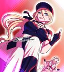  2girls barbed_wire black_choker black_gloves black_hat black_shirt blonde_hair blue_eyes bow breasts censored choker collared_shirt commentary_request cosplay costume_switch crossed_legs crossover danganronpa_(series) danganronpa_v3:_killing_harmony dark-skinned_female dark_skin eyelashes fingerless_gloves gloves hair_between_eyes hat highres iruma_miu kawana_tsubasa long_hair long_sleeves mayumalis middle_finger multiple_girls open_mouth orange_eyes outline pants pink_shirt pink_skirt pixelated shirt short_sleeves sitting skirt smile sweatdrop teeth the_hundred_line_-last_defense_academy- tongue tongue_out twitter_username upper_teeth_only white_bow white_hair white_outline white_pants 