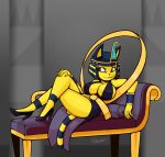  2019 animal_crossing ankha_(animal_crossing) anthro big_breasts biped breasts butt circlet clothed clothing crossover digital_media_(artwork) domestic_cat egyptian eliza_(skullgirls) felid feline felis female fingers footwear freepancakes fur hair hi_res high_heels jewelry loose_feather lying mammal nintendo ostrich_feather shoes simple_background skullgirls smile solo thick_thighs video_games yellow_body yellow_fur 
