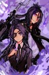  1boy 1girl black_necktie black_suit blue_eyes chrome_dokuro commentary eyepatch fire formal_clothes heterochromia highres holding holding_polearm holding_weapon katekyo_hitman_reborn! mpka_yt necktie polearm purple_eyes purple_fire purple_hair red_eyes rokudou_mukuro shirt short_hair smile suit weapon white_shirt 