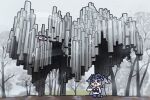 1girl 1other bing_huyue chest_jewel chibi commentary english_commentary finland gem gem_hair_ornament hair_flaps hand_jewel highres hill hololive hololive_english koseki_bijou koseki_bijou_(1st_costume) long_hair monument music musical_note pebble_(koseki_bijou) purple_eyes purple_gem purple_hair real_world_location sculpture sibelius_monument simple_background simple_bird singing standing tiara tree very_long_hair virtual_youtuber white_tree 
