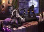  2019 4_toes 5_fingers anthro aurru bed black_nose canid canine canis clothed clothing detailed_background digital_media_(artwork) ear_piercing ear_ring female fingers furniture jackal looking_at_viewer mammal moon night on_bed outside piercing red_eyes sky solo star starry_sky toes window 