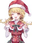  1girl absurdres black_ribbon braid buttons capelet chinese_commentary christmas commentary_request double_v dress fujita_kotone gakuen_idolmaster green_ribbon hair_ornament hair_ribbon hairclip hat highres idolmaster layered_sleeves one_eye_closed open_mouth puffy_short_sleeves puffy_sleeves red_capelet red_dress ribbon santa_costume santa_dress santa_hat short_sleeves simple_background sleeves_past_wrists solo tamao_(konokkda) twin_braids upper_body v white_background white_sleeves yellow_eyes 