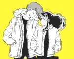  1boy 1girl black_dress black_pantyhose black_shirt coat cowboy_shot dress fur-trimmed_coat fur_trim hair_between_eyes half-closed_eye hands_in_pockets highres hood hood_down hooded_coat horns long_hair looking_at_another lum miyuki_(hoshikuzumiyuki) monochrome moroboshi_ataru one_eye_closed pantyhose parted_lips shirt short_hair sidelocks twitter_username urusei_yatsura yellow_background 