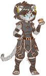 anthro belt blue_eyes chibi claws clothed clothed_anthro clothed_female clothing container ear_piercing female fur grey_body grey_fur hand_on_hip hizrihel_(artist) holding_container holding_object kahjii leather leather_clothing leopard_spots piercing pouch_(anatomy) pouch_purse ra'tima-daro_(hizrihel) shoulder_pads solo spots tail thieves_guild unimpressed