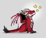 6_horns ambiguous_gender artist_name awakeningwind cheek_spikes claws dragon emoji_description european_mythology eyes_closed facial_spikes fangs feral horn horn_jewelry jewelry looking_up markings membrane_(anatomy) membranous_wings multi_horn mythological_creature mythological_scalie mythology paws proud quadruped red_body scales scalie side_view simple_background sitting smile snout solo spiked_tail spikes spikes_(anatomy) star_symbol tail teeth text ventral_scales western_dragon white_background white_markings wing_claws wings 