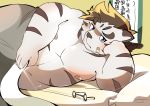  2019 anthro bed bedding belly blanket blue_eyes eyewear fafakutsu131 felid fur furniture glasses hi_res humanoid_hands licho_(tas) male mammal moobs nipples pantherine slightly_chubby solo text tiger tokyo_afterschool_summoners video_games white_body white_fur 