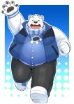  12beat13 2019 anthro belly blush bottomwear clothing cute_fangs fur hi_res humanoid_hands male mammal overweight overweight_male pants polar_bear scarf shirane_kan shirt simple_background solo topwear ursid ursine utau white_body white_fur 