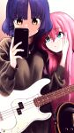  2girls absurdres bass_guitar black_sweater blue_eyes blue_hair blush bocchi_the_rock! cellphone commentary fender_precision_bass fingernails gotoh_hitori guitar_case hair_between_eyes hair_ornament hairclip hand_on_another's_face highres holding holding_phone instrument instrument_case isago_ganma jacket jewelry light_blush long_hair looking_at_another looking_at_phone medium_hair mirror_selfie multiple_girls necklace phone pink_hair pink_jacket pink_track_suit selfie smartphone sweater taking_picture track_jacket track_suit translated yamada_ryo yellow_eyes yuri 