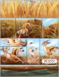  2012 antelope bovid cheetah colonel-strawberry comic day detailed_background digital_media_(artwork) felid feline feral fur gazelle grass hooves horn lion mammal open_mouth outside pantherine sky tan_body tan_fur teeth tongue water 